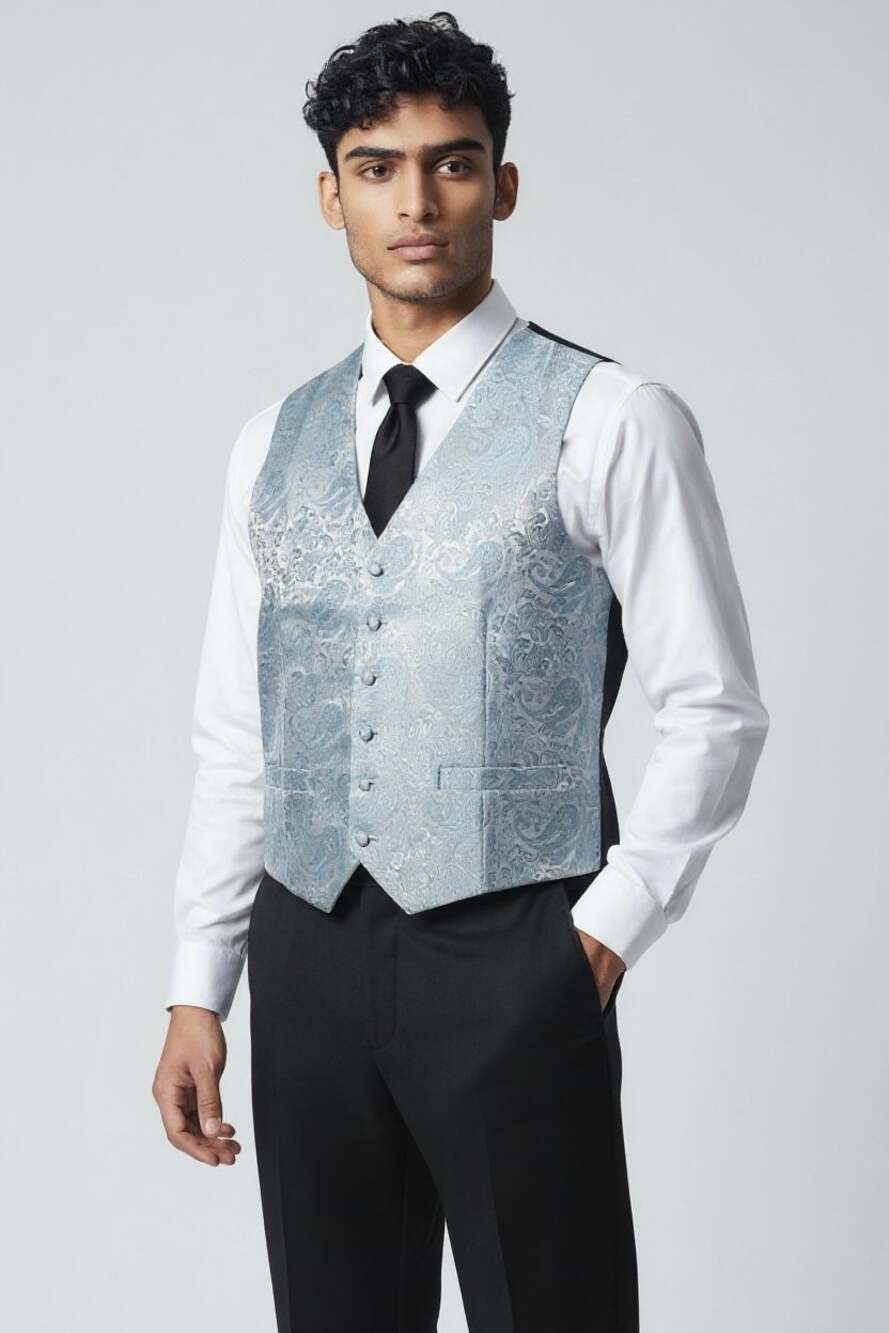 DiBanGu Mens Light Blue Paisley Silk Formal Tuxedo Waistcoat Vest Size M